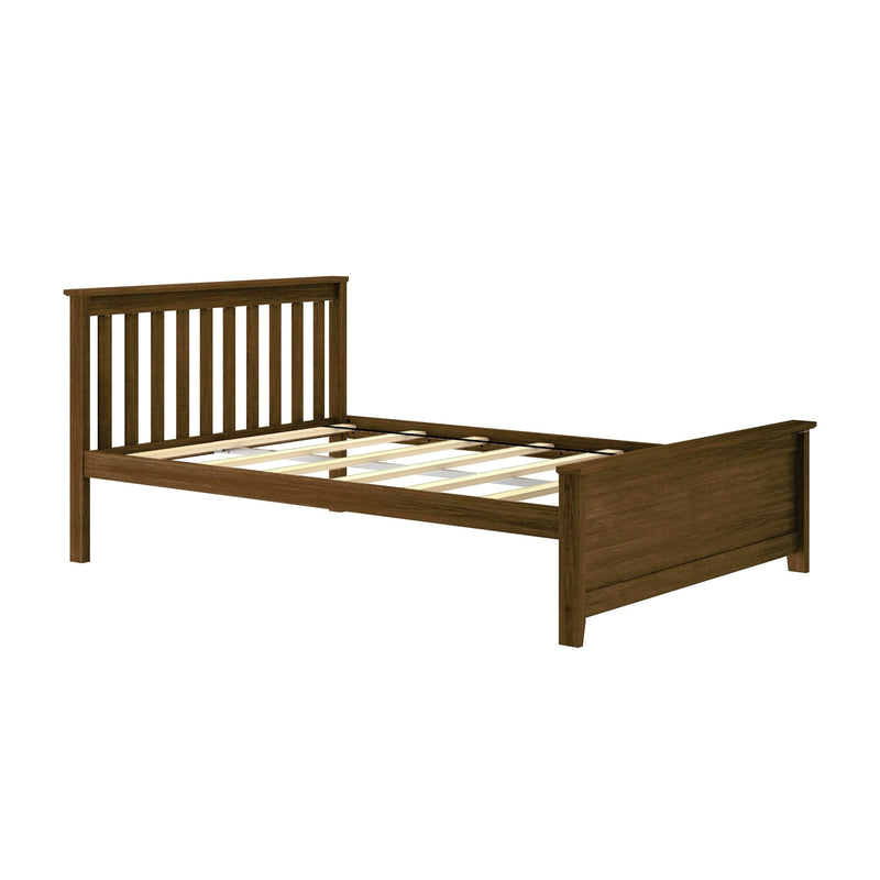 Dark brown solid wood platform bed frame with vertical slatted headboard and wooden mattress slats, simple modern farmhouse style