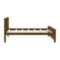 Solid wood platform bed frame with slatted mattress support, rustic dark brown farmhouse headboard and footboard shown without mattress
