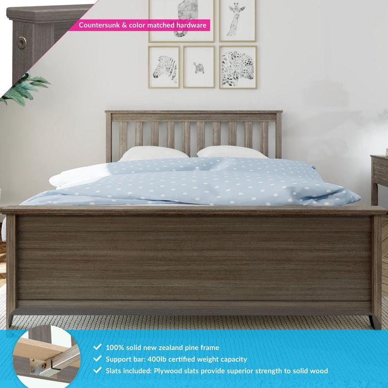 Grey solid pine platform bed with slatted headboard, light blue polka-dot duvet, framed animal wall art and close-up of countersunk color-matched hardware