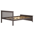 Dark gray wooden platform bed frame with vertical slatted headboard and wooden support slats