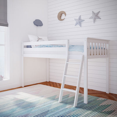 White loft bed with ladder in bright children's bedroom, pastel striped rug, moon and star wall decor and cloud cushion