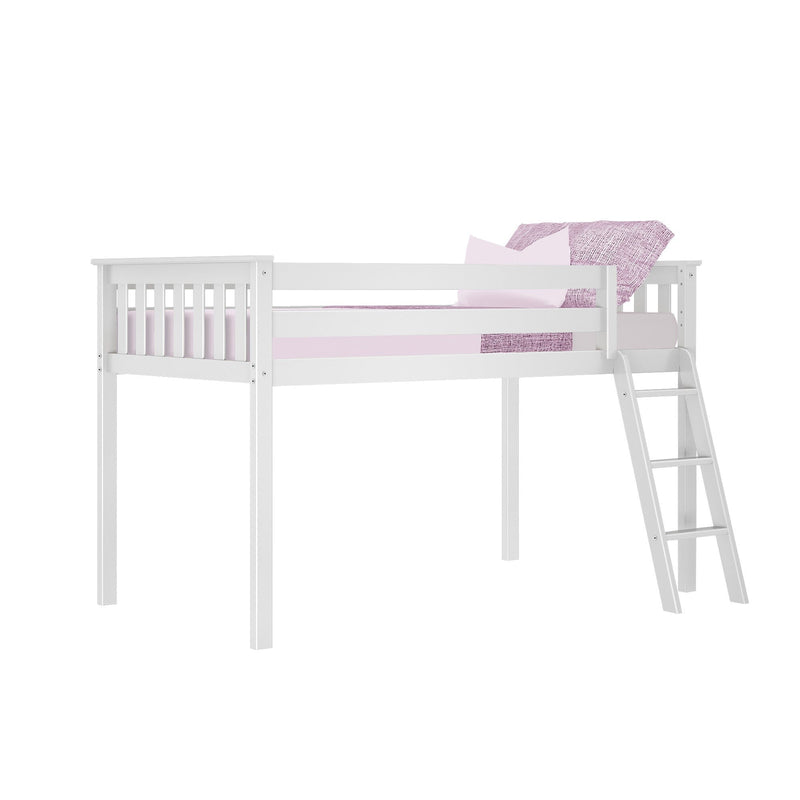 White loft bed with ladder and purple bedding for kids' room.