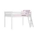 White wooden twin loft bed with ladder and pink bedding, space-saving kids bedroom furniture