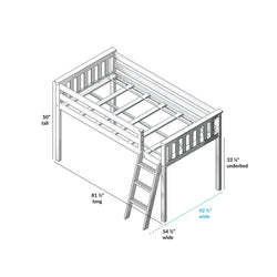 Diagram of wooden loft bed with dimensions: 50 inches tall, 81.5 inches long, 54.25 inches wide, and 33.75 inches underbed height, including ladder for kids' bedroom.