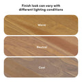 Wood finish color comparison showing three wood stain samples labeled Warm, Neutral, Cool to demonstrate how different lighting conditions change appearance