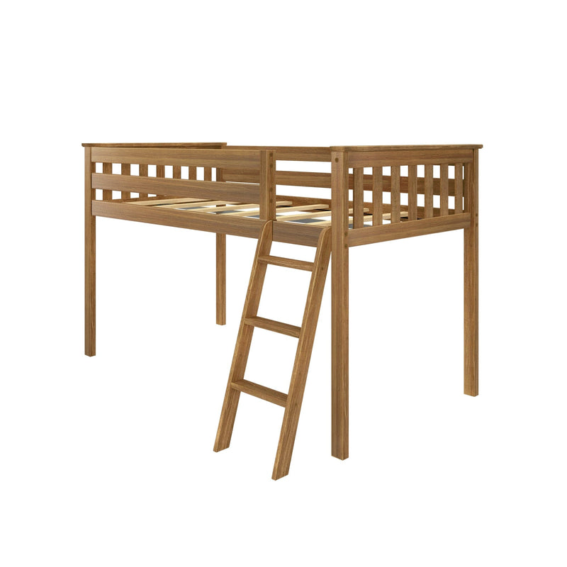 Natural wood twin loft bed with slatted guardrails and angled ladder, elevated space-saving platform bed frame in oak finish for kids or small rooms