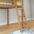 Oak wooden ladder for loft or bunk bed with yellow bedding, hardwood floor and striped rug in a modern kids' bedroom