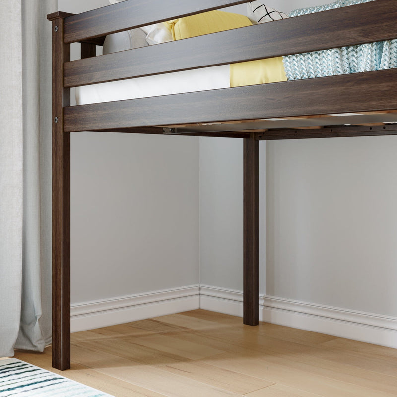 Dark walnut wooden loft bed with horizontal slatted guardrail, yellow bedding, light hardwood floor and neutral painted corner wall