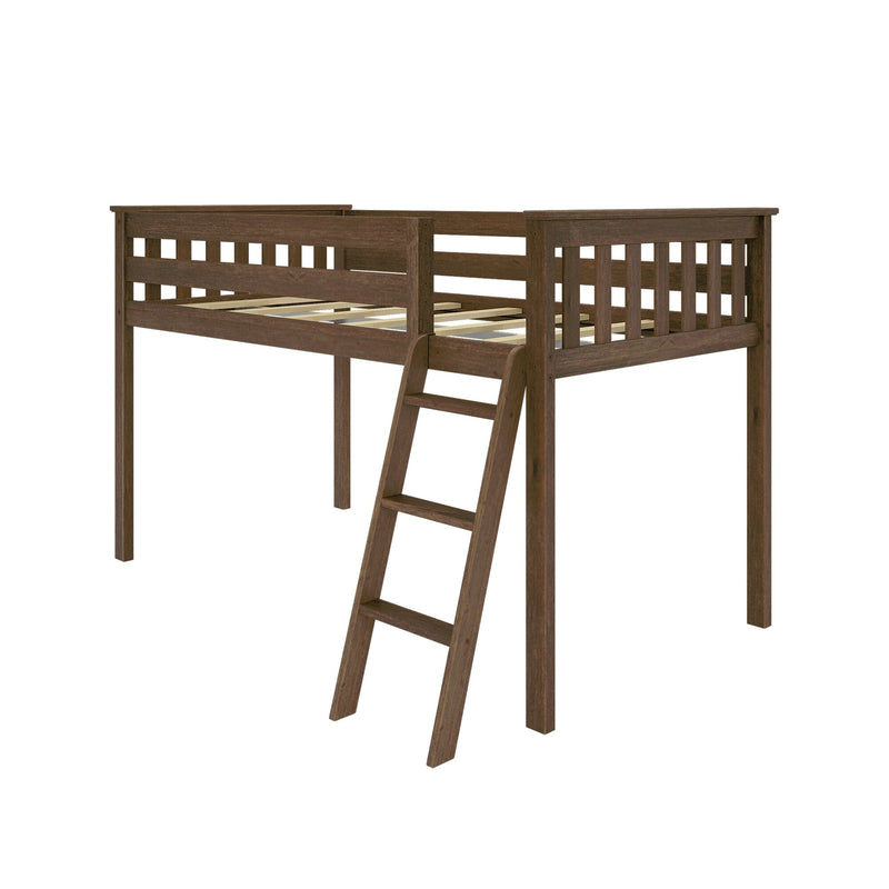Dark brown wooden loft bed frame with slatted guardrails and angled ladder, raised platform bed for kids' bedroom and small spaces