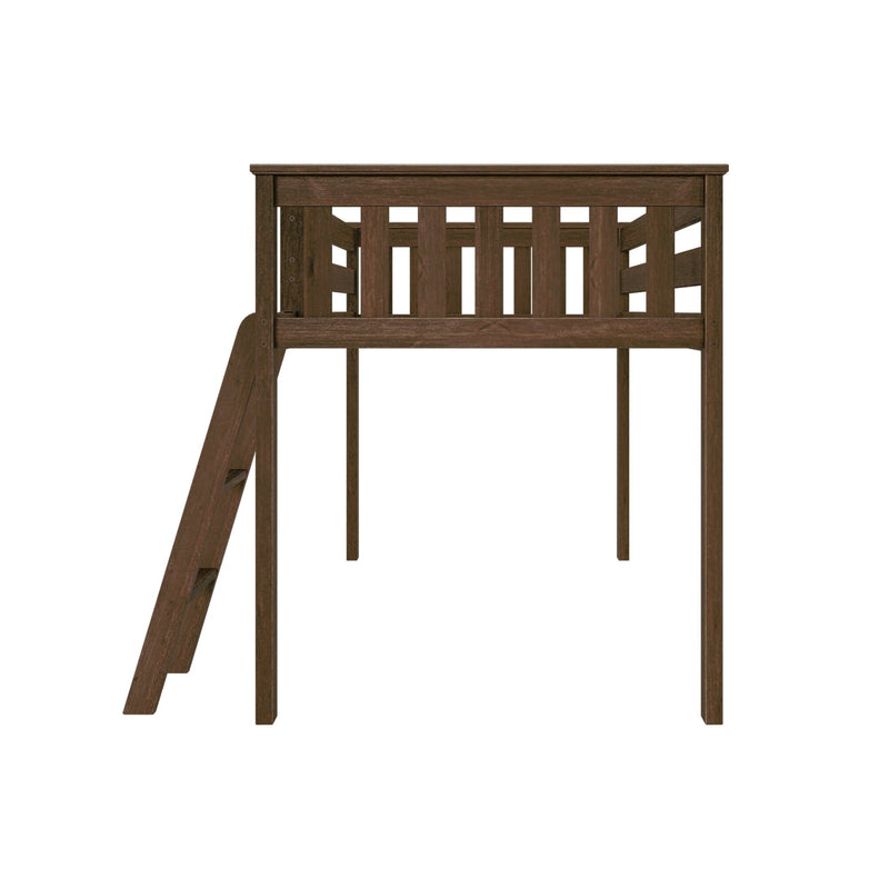 Dark brown wooden loft bed with ladder and slatted guardrail, space-saving elevated bed frame for kids and teens