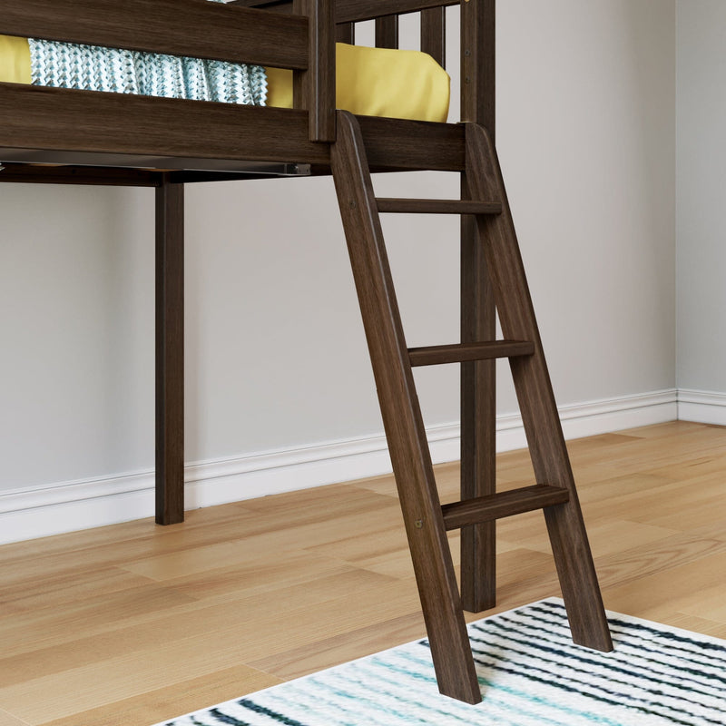 Dark walnut loft bed ladder and guardrail with yellow bedding and blue patterned blanket in a modern bedroom on hardwood floor