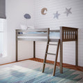 Wooden kids loft bed with ladder in bright children's bedroom, striped rug and star wall decor — twin mattress, modern rustic design.