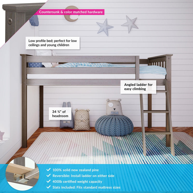 Children's low profile bunk bed with angled ladder, solid New Zealand pine construction, ideal for low ceilings.