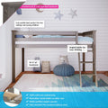 Low-profile kids loft bed in gray solid New Zealand pine with angled reversible ladder, 34 3/4 in headroom, 400 lb capacity, fits standard mattresses