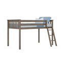 Gray oak wooden twin loft bed with ladder and spindle guardrails, space-saving elevated frame with mattress and blue bedding for kids and teens