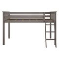 Gray wooden twin loft bed with side ladder, safety rails and slatted mattress support — space-saving kids or teen bedroom frame