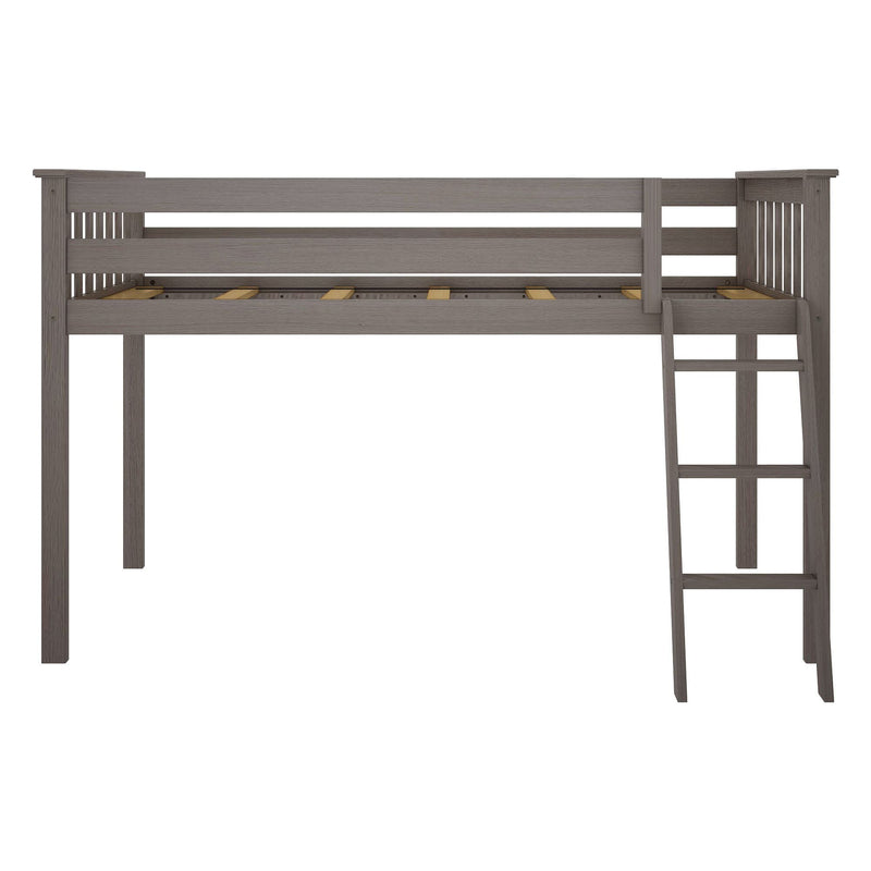 Gray wooden twin loft bed with side ladder, safety rails and slatted mattress support — space-saving kids or teen bedroom frame