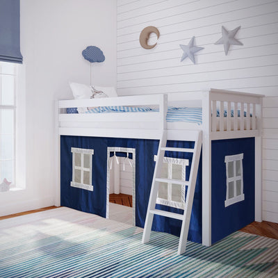 White wooden children's loft bed with ladder and navy blue playhouse curtains, striped bedding and rug in bright kids' bedroom with star and moon wall decor