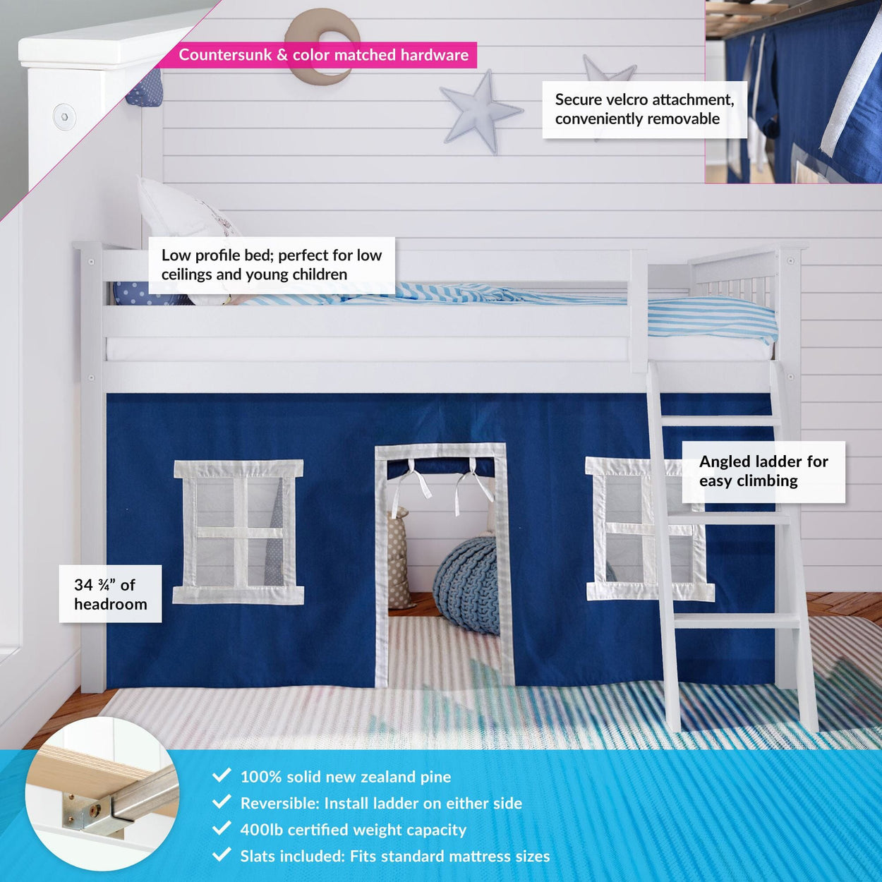 180212002022 : Loft Beds Twin-Size Low Loft With Curtain, White + Blue