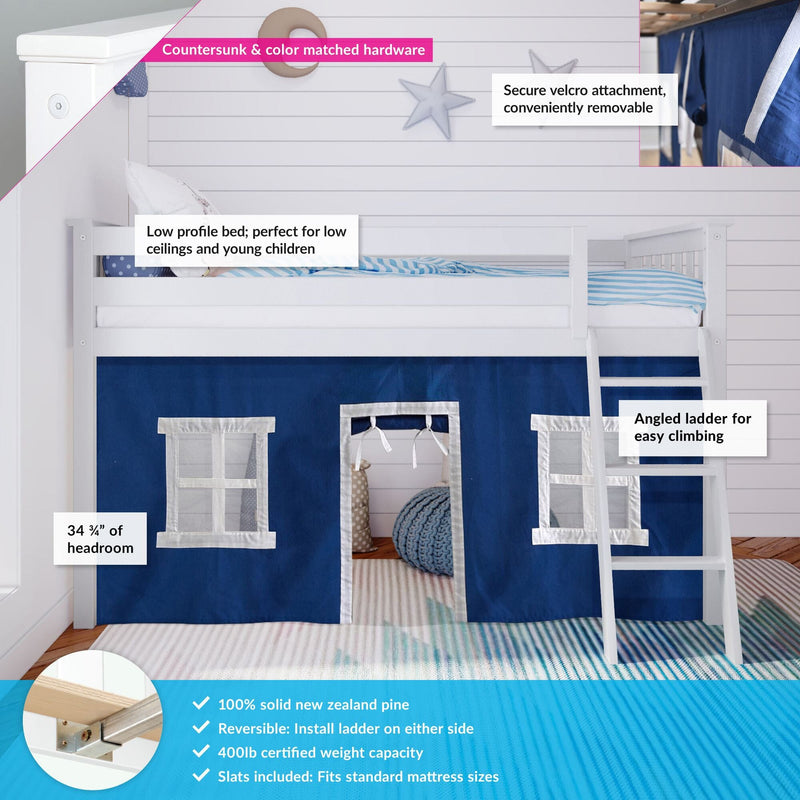 White low‑profile children's loft bed in solid New Zealand pine with navy playhouse curtain and windows, angled reversible ladder, removable Velcro panels, countersunk hardware, 34¾" headroom, fits standard mattress, 400 lb capacity