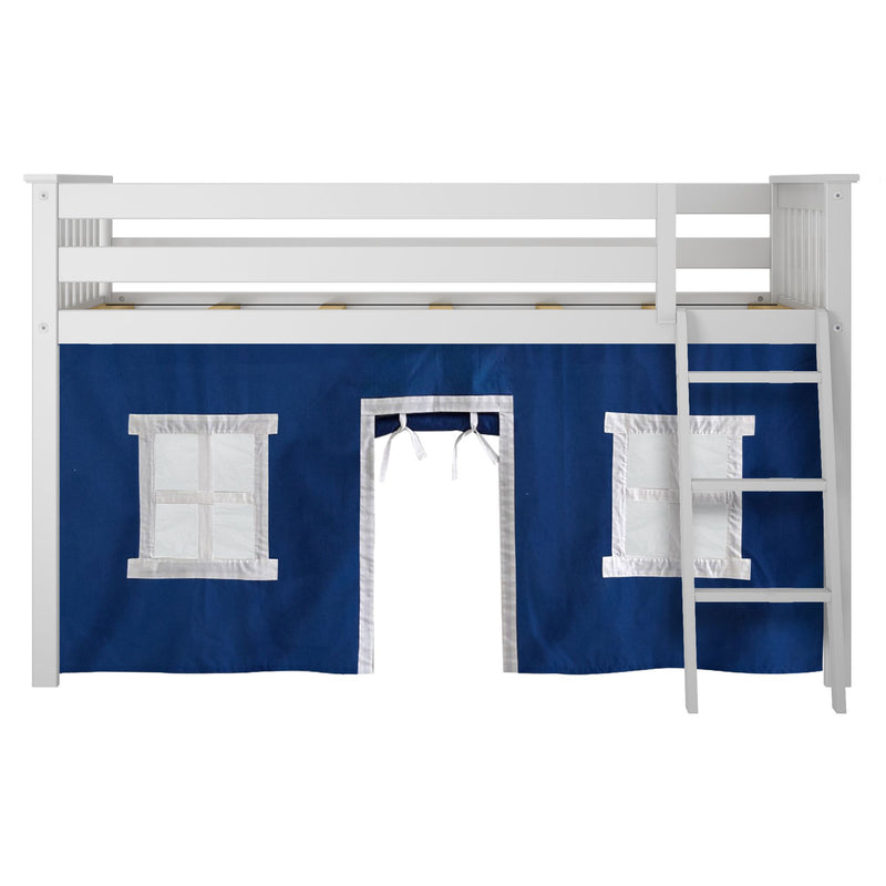 White wooden loft bed with blue tent curtains and ladder, perfect for kids' playroom or bedroom decor.