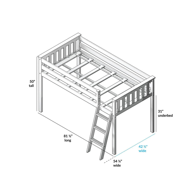 Assembly diagram of a wooden twin loft bed with ladder and slatted guardrails, 81½ in long x 54¼ in wide x 50 in tall with 31 in underbed clearance, showing frame, mattress slats and ladder