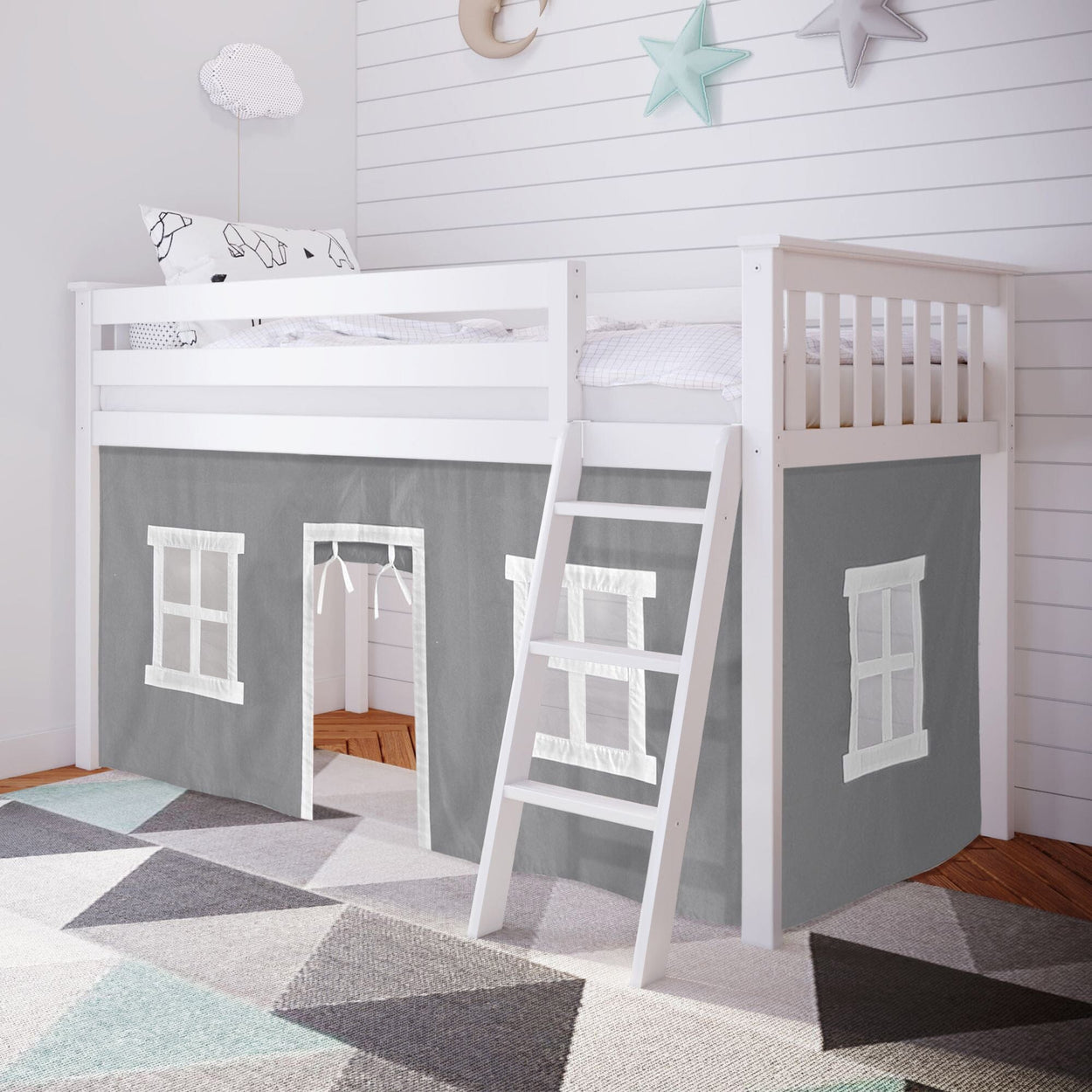 180212002054 : Loft Beds Twin-Size Low Loft With Curtain, White + Grey Curtain