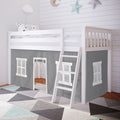 White wooden loft bed with ladder and gray playhouse curtain, geometric rug and pastel star wall decor in modern children's bedroom nursery