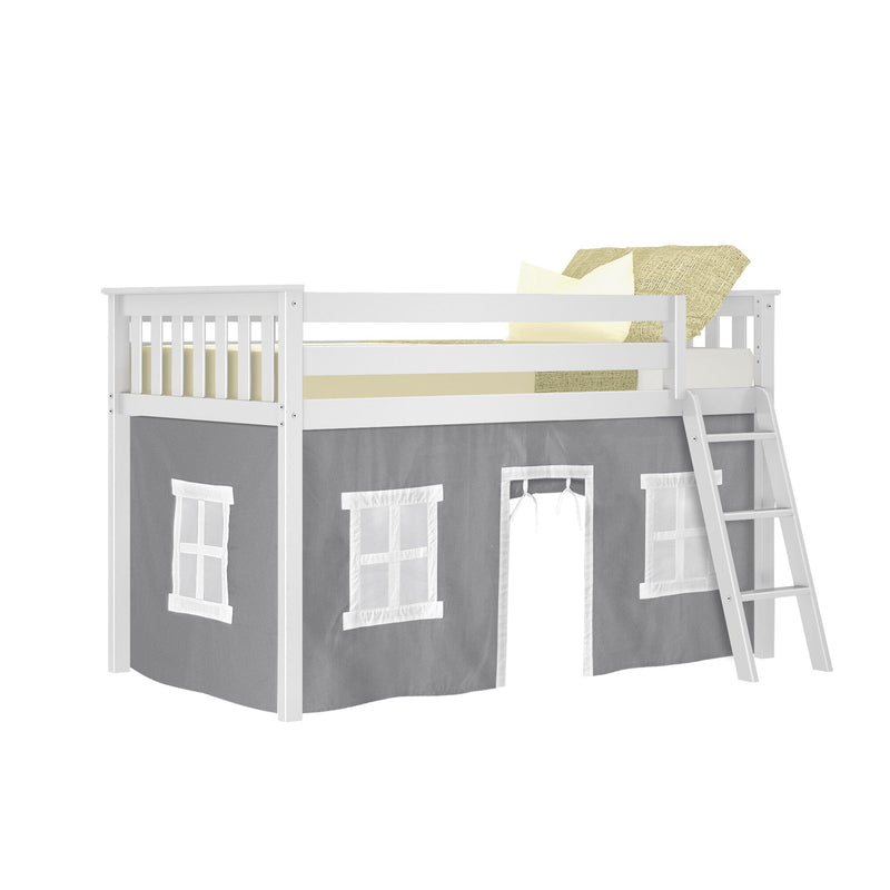 White wooden twin loft bed with ladder and gray playhouse curtain panels with windows and doorway, yellow bedding — children's loft bed with under-bed play area