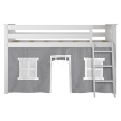 180212002054 : Loft Beds Twin-Size Low Loft With Curtain, White + Grey Curtain