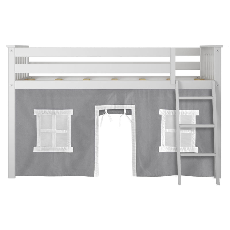 White loft bed with gray playhouse cover, featuring ladder and window design.