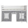 White wooden loft bed with ladder and gray playhouse-style curtain featuring windows and doorway, children's loft bed/toddler bunk for small rooms