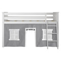 White wooden loft bed with gray playhouse tent, ladder and window panels — kids space-saving bunk bed