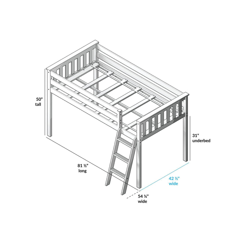 Loft bed frame dimensions with ladder, measuring 81.5 inches long, 54.5 inches wide, and 50 inches tall, optimized for space-saving bedrooms.