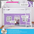 White children's loft bed with ladder and purple play-tent curtain, under-bed play area with window cutouts, secure Velcro attachment and countersunk hardware