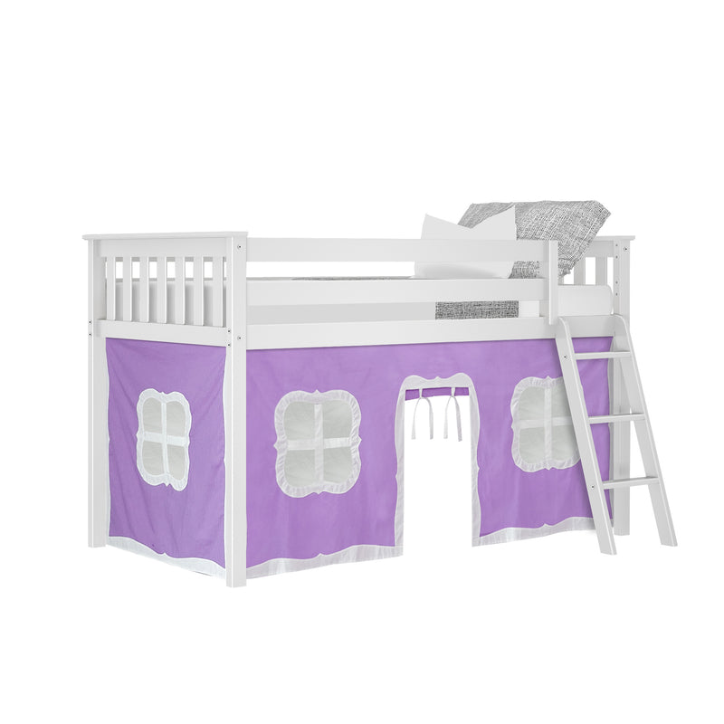 White wooden twin loft bed with ladder and purple play-tent curtain featuring window cutouts — kids' loft bed and playhouse