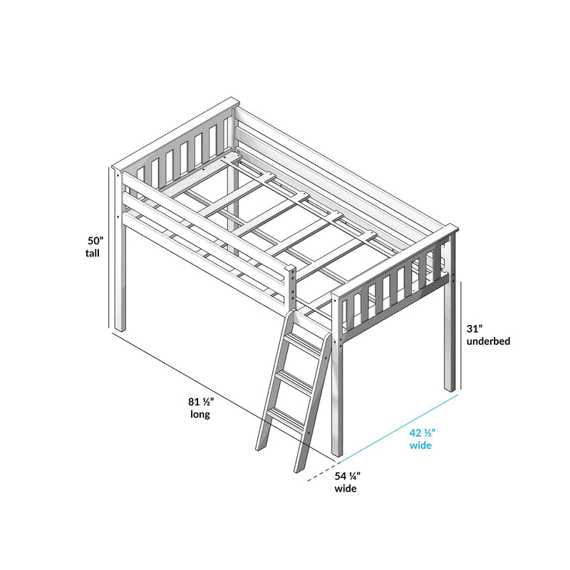 Loft bed frame with ladder and slatted guardrails, twin-size platform, 50" tall × 81.5" long × 54.25" wide, 31" underbed clearance