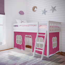 180212002078 : Loft Beds Twin-Size Low Loft With Curtain, White + Pink