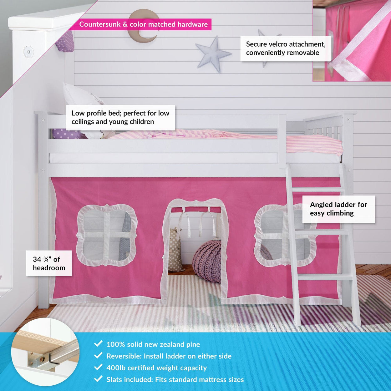 180212002078 : Loft Beds Twin-Size Low Loft With Curtain, White + Pink