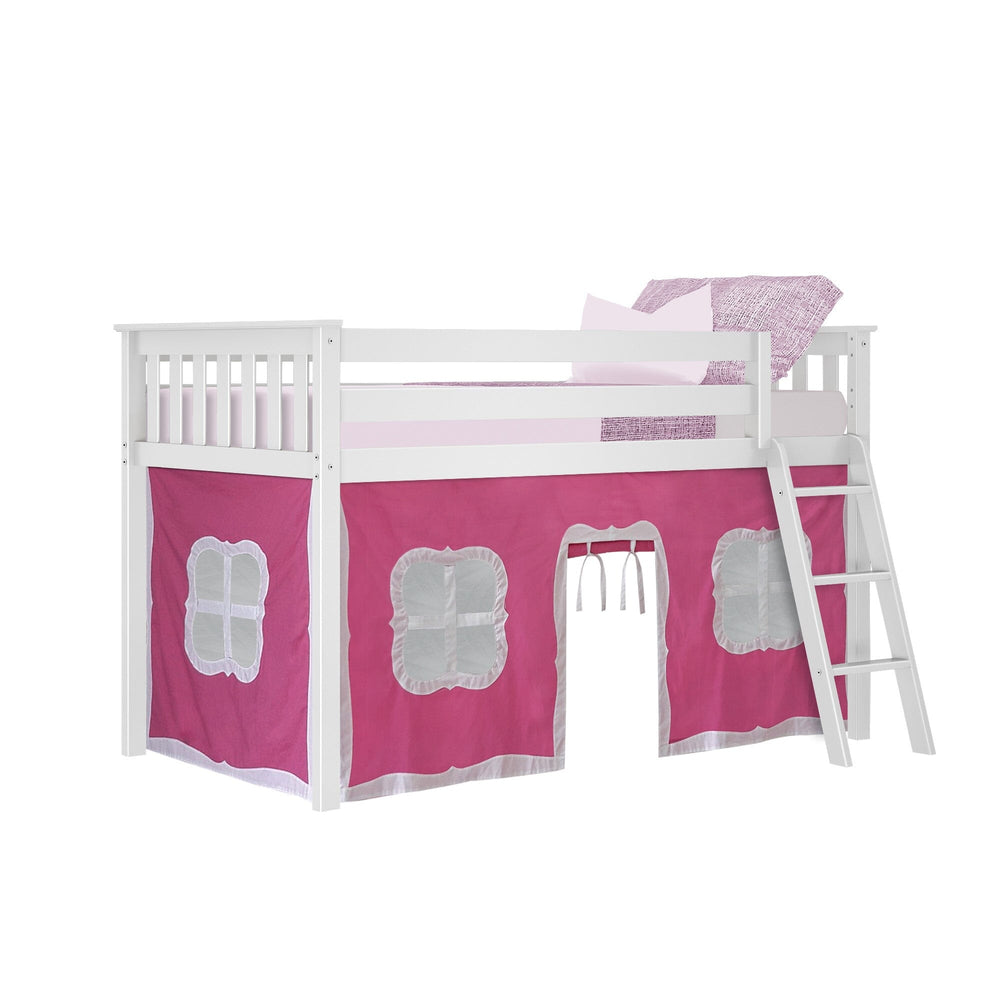 180212002078 : Loft Beds Twin-Size Low Loft With Curtain, White + Pink