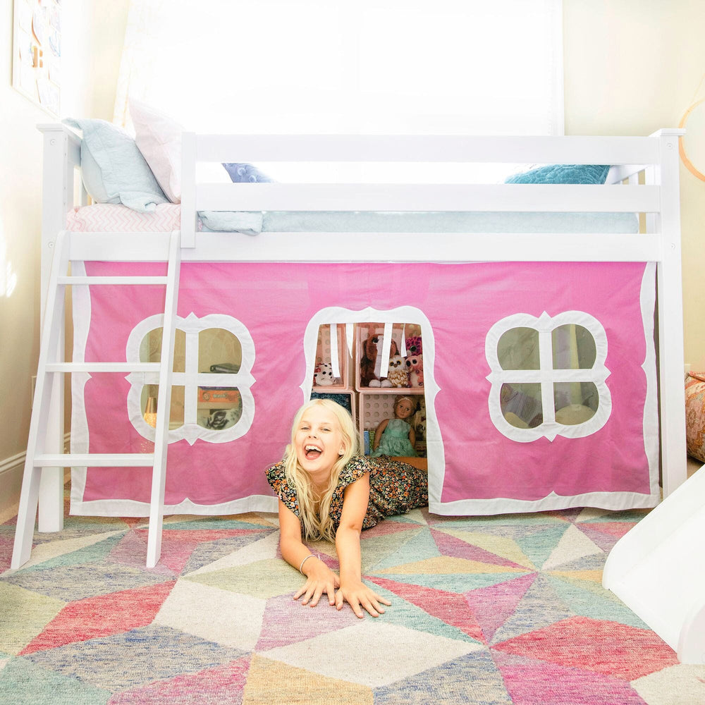 180212002078 : Loft Beds Twin-Size Low Loft With Curtain, White + Pink