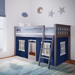 180212121022 : Loft Beds Twin-Size Low Loft With Curtain, Grey + Blue