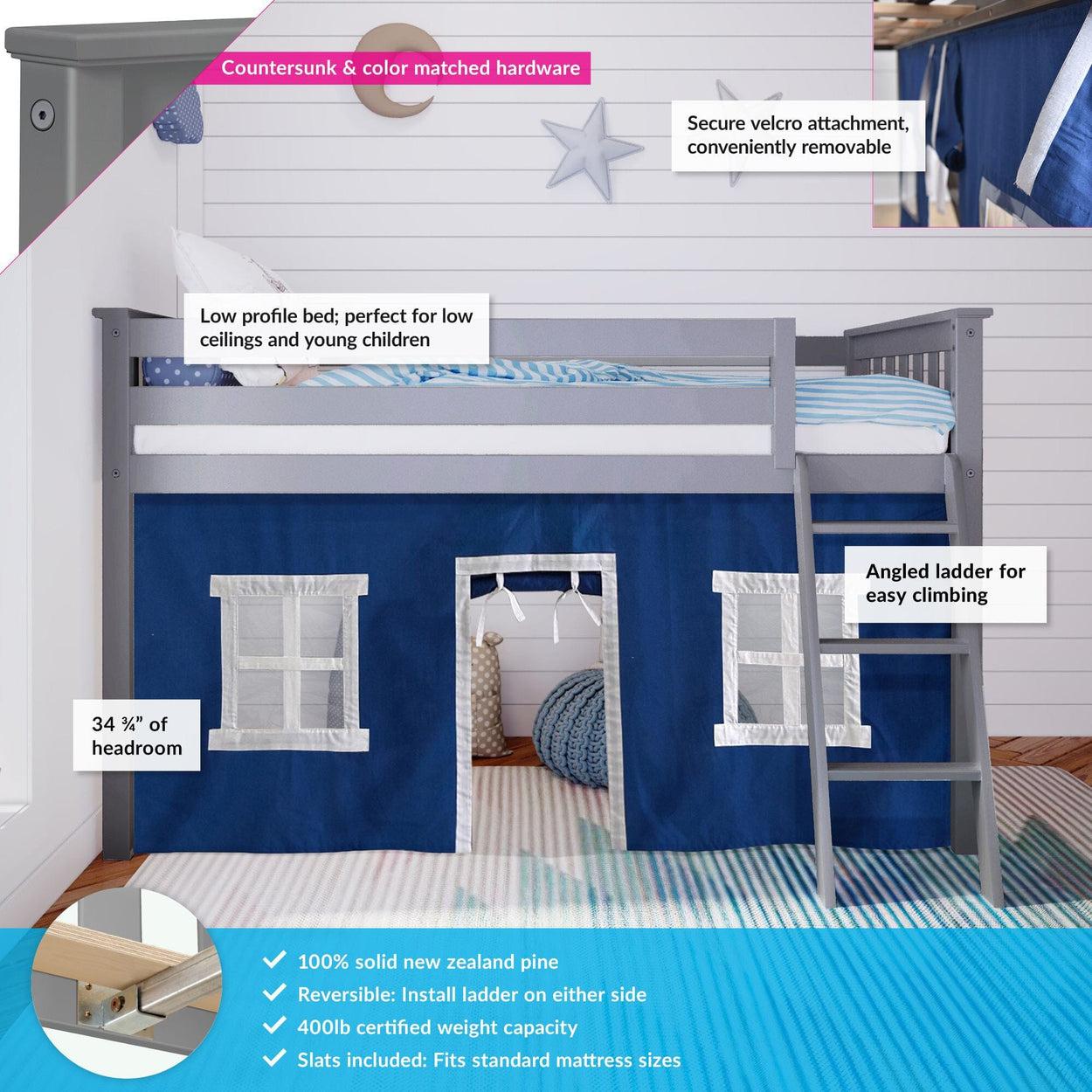 180212121022 : Loft Beds Twin-Size Low Loft With Curtain, Grey + Blue