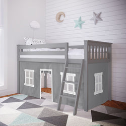 180212121054 : Loft Beds Twin-Size Low Loft With Curtain, Grey + Grey Curtain
