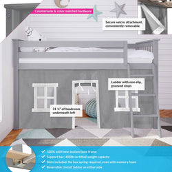 180212121054 : Loft Beds Twin-Size Low Loft With Curtain, Grey + Grey Curtain