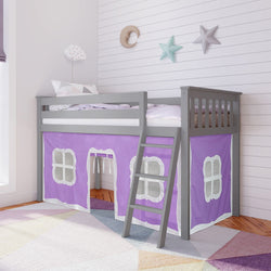 180212121061 : Loft Beds Twin-Size Low Loft With Curtain, Grey + Purple Curtain