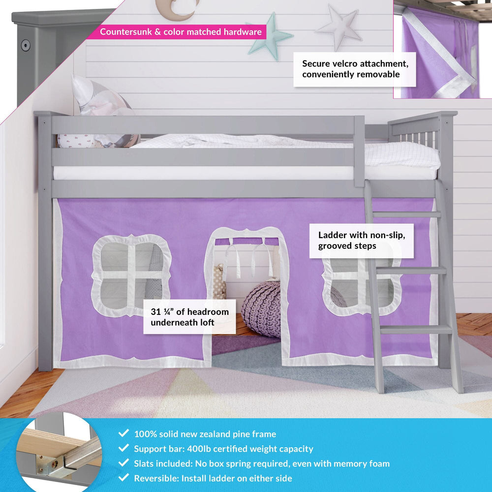 180212121061 : Loft Beds Twin-Size Low Loft With Curtain, Grey + Purple Curtain