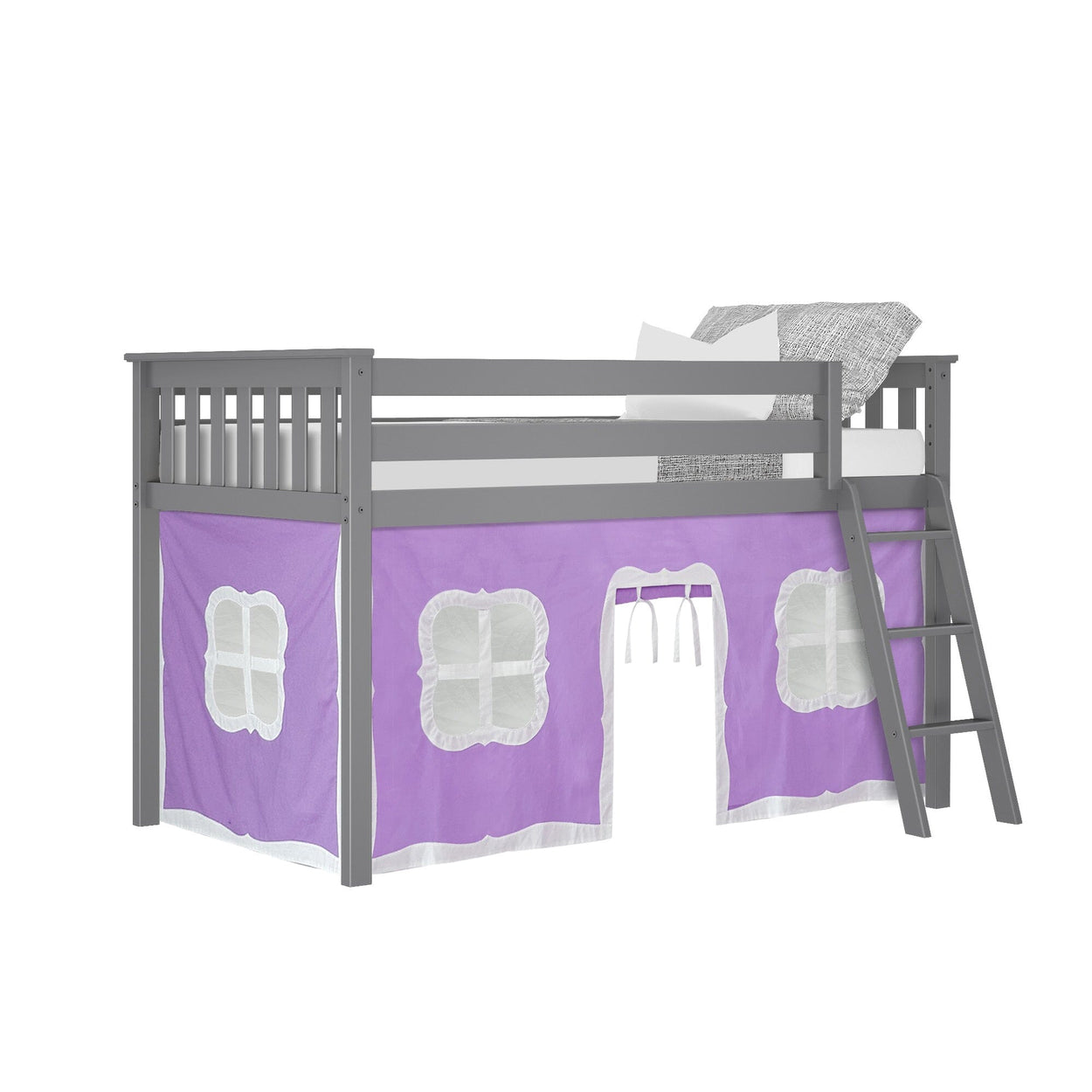 180212121061 : Loft Beds Twin-Size Low Loft With Curtain, Grey + Purple Curtain