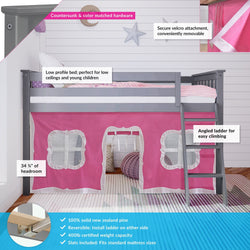 180212121078 : Loft Beds Twin-Size Low Loft With Curtain, Grey + Pink