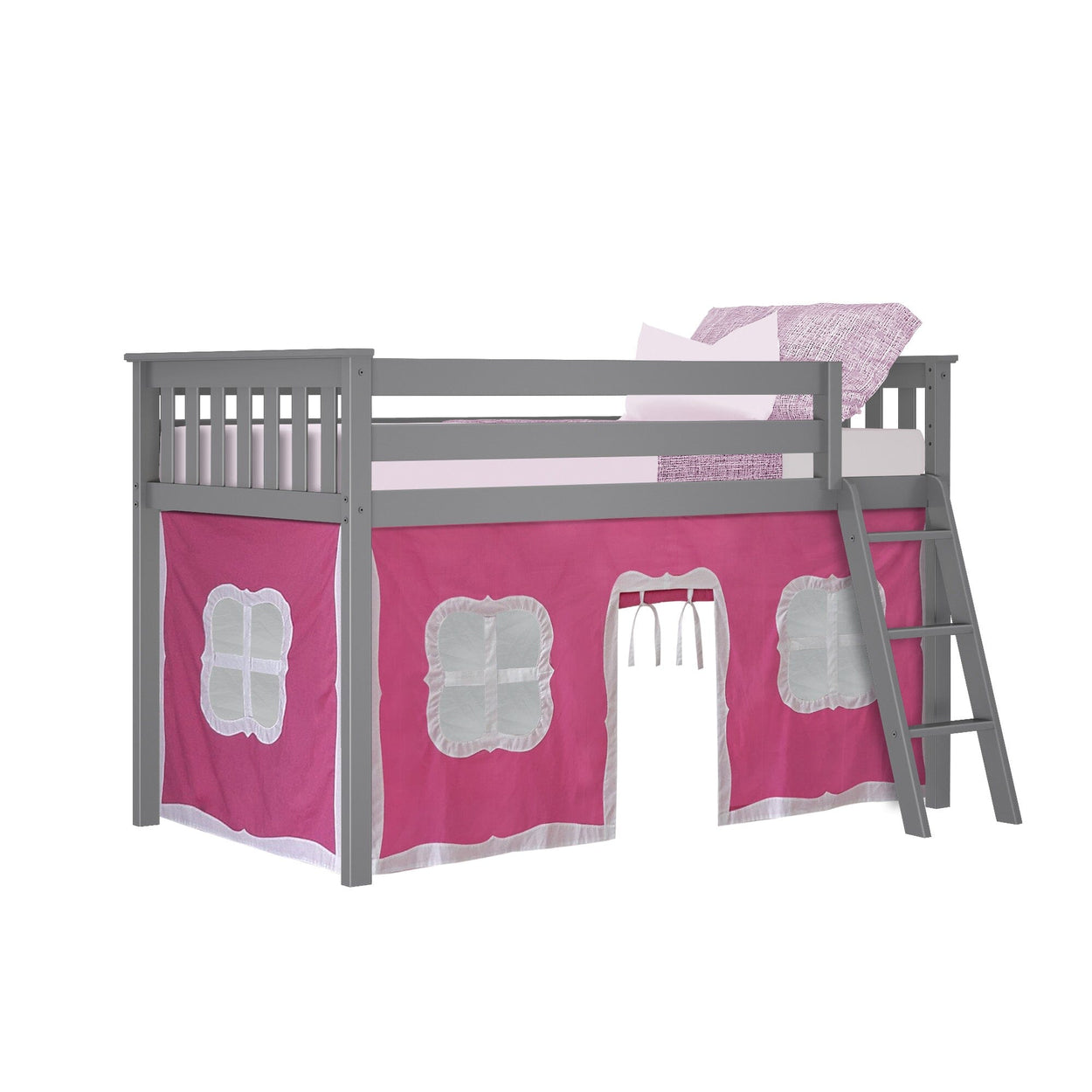 180212121078 : Loft Beds Twin-Size Low Loft With Curtain, Grey + Pink